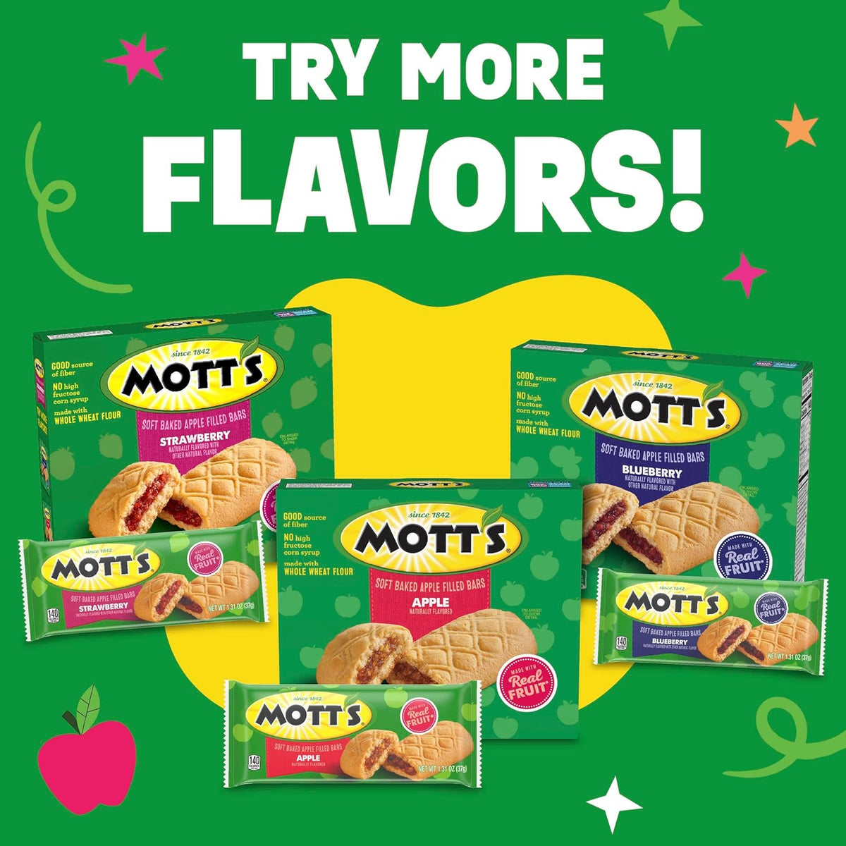 Mott's Soft Baked Apple Filled Bars, Blueberry Flavor Snacks, Made with Real Fruit, 5 Ct, 6.55 oz