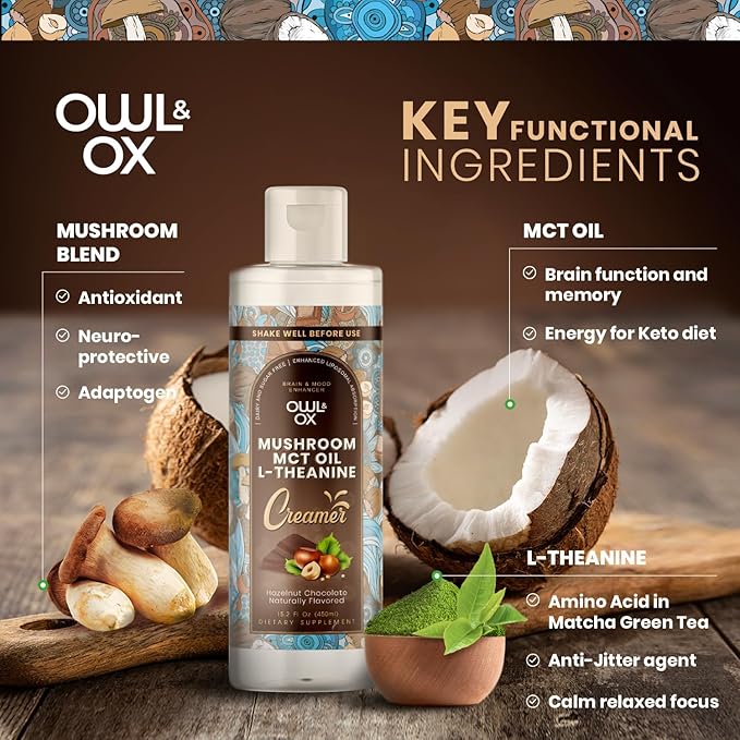 Owl & Ox Creamer Variety Pack - Mushroom, Collagen, MCT Bundle | Chocolate Hazelnut, Salted Caramel and Vanilla Flavors | 3 x Bottles