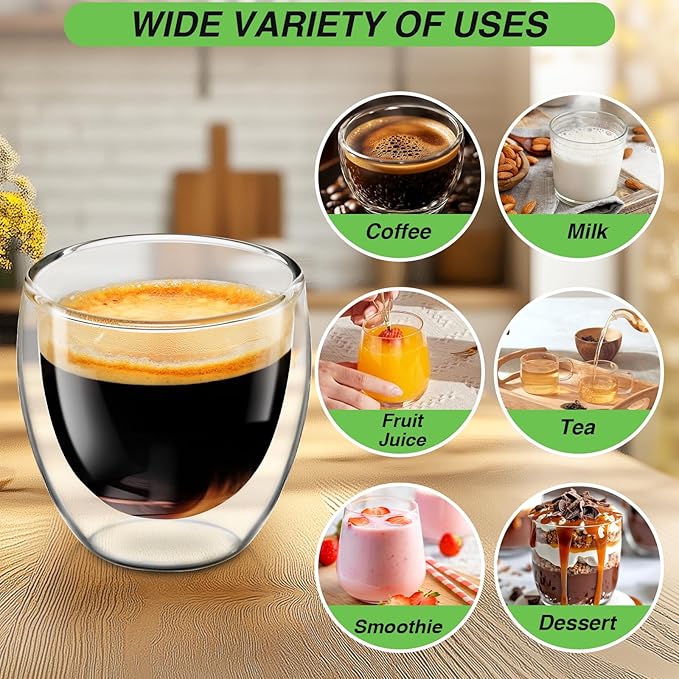 Espresso Cups Set of 4, 3 OZ Expresso Shots Glass Cup, Double Walled Glass Coffee Mugs, Espresso Machine Accessories,Insulated Clear Espresso Shot Glasses Cups,Water Won't Enter Between Double Walls