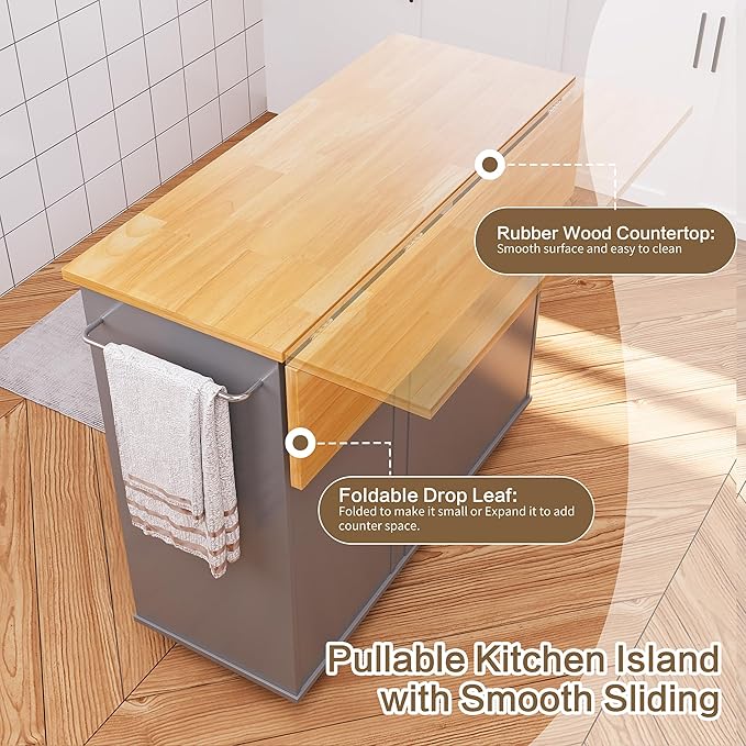 SUNLEI Kitchen Island on Wheels with Storage Cabinet & Foldable Drop Leaf, Rolling Kitchen Table, Cart Handle for Towel Rack, Drop Leaf, Portable Islands for Kitchen (Cement Gray, 39.7-INCH)