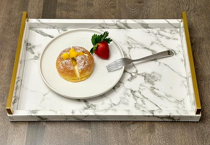 WV 17.8 * 11.8" White PU Leather Marble Finish Decorative Tray Serving Tray with Brushed Gold Handle for Coffee Table, Console Table, Ottoman