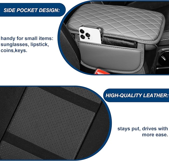 Car Center Console Cover Fit for Volkswagen Tiguan Leather Armrest Cover with 2 Storage Bags Waterproof Console Cover Scratch & Wear Resistant(Grey)