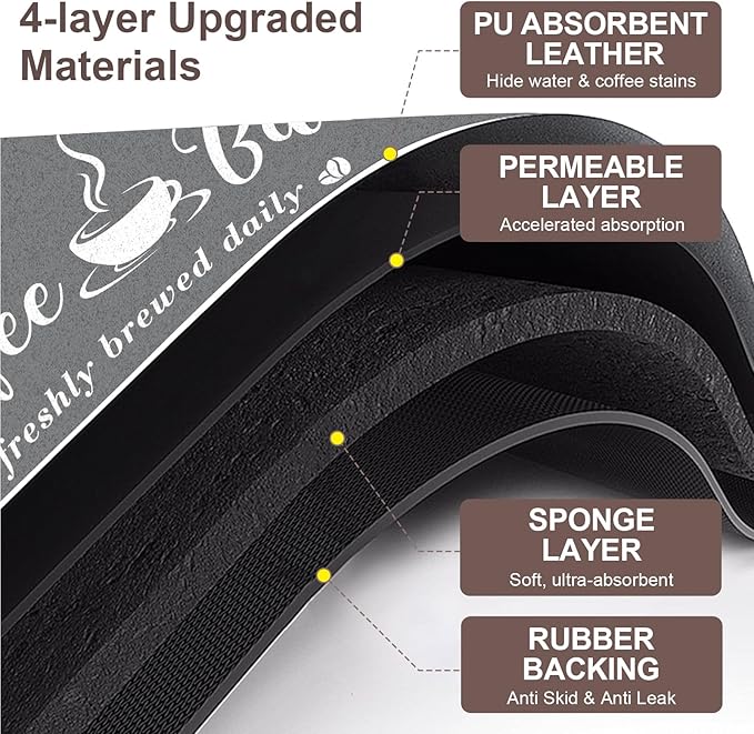 Absorbent Coffee Mat, Fashion Dish Drying Mat for Kitchen Counter Coffee Bar Accessories Espresso Machine Dish Rack 17" x 32" Dark Grey