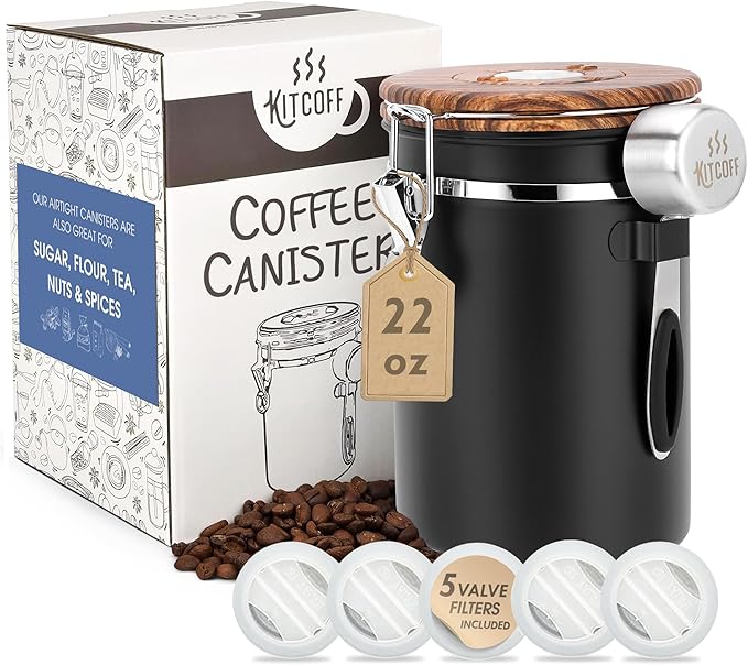 Coffee Grounds and Beans Container Canister with Date Tracker, CO2-Release Valve and Measuring Scoop - Made of Stainless Steel with Airtight Lids - Large, 22oz, Black w/Wood Print Lid