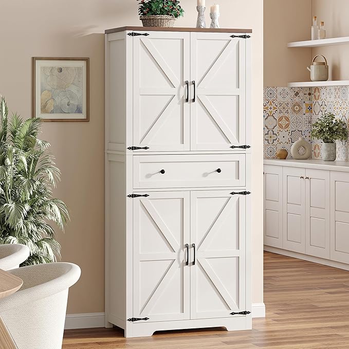 71" Tall Kitchen Pantry Storage Cabinet with Barn Doors and Shelves, White Farmhouse Linen Storage Cabinet With Drawers, Free standing Food Pantry Cabinets for Kitchen, Dining Room, Living Room