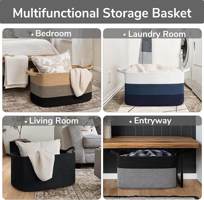 Goodpick Large Woven Blanket Basket 21.6" x 14.9" x 11.8" Storage Baskets for Organizing, Rectangle Baby Toy Bins for Kids Organizer Living Room Bedroom, Black & Gray