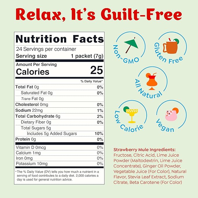 Craftmix Strawberry Mule Cocktail & Mocktail Drink Mixer, Skinny Mixes - Water Flavoring Packets - Made With Real Fruit - Vegan, Low-Carb, Low-Sugar, Non-GMO, Dairy Free, Gluten Free, 24 Pack