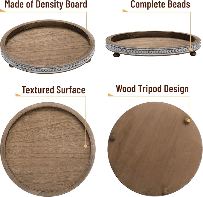 Bamboo Land- Round Decorative Trays for Coffee Table, 12", Warm Brown, Wood Tripod & Beaded Design, Wooden Round Tray for Coffee Table