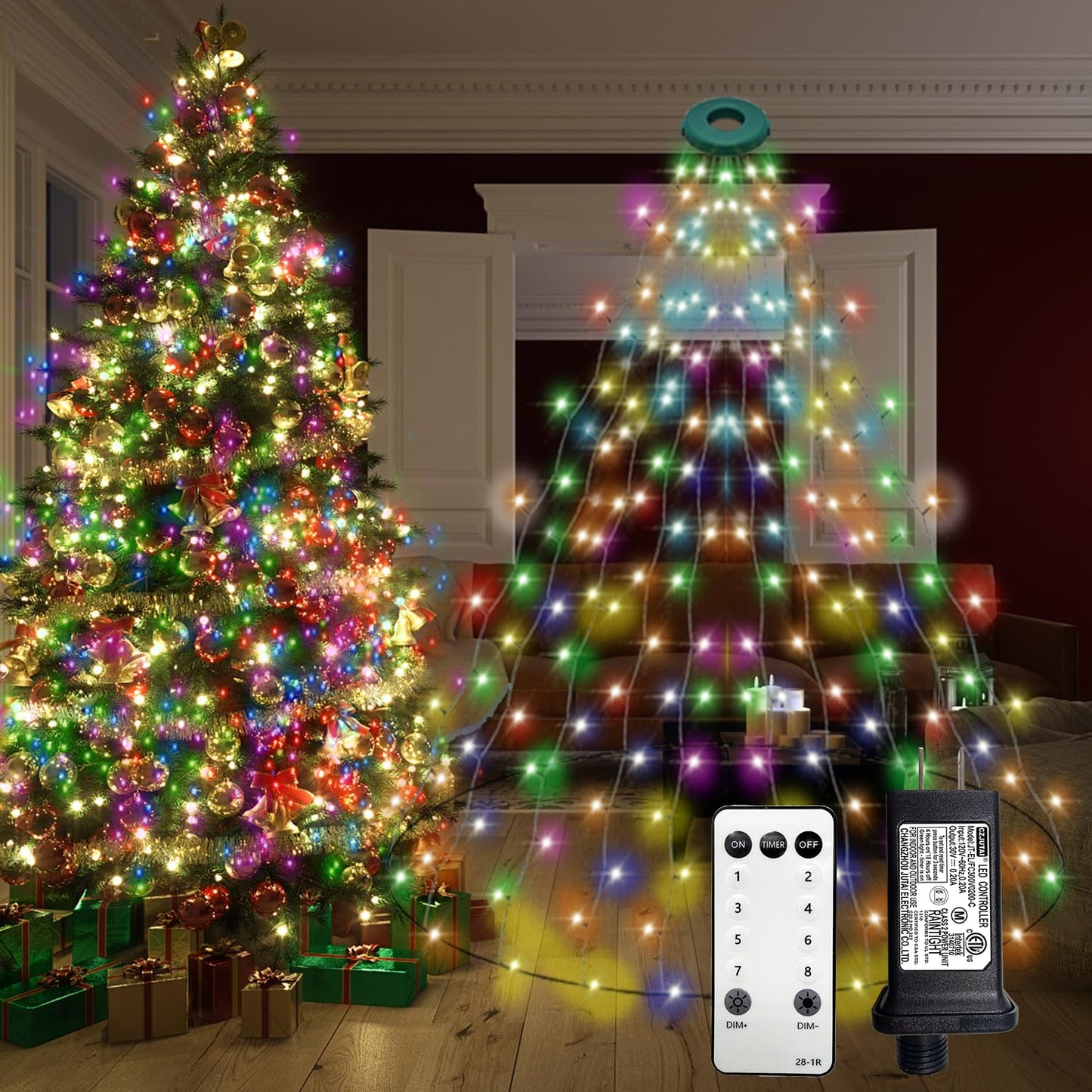 VIL Christmas Tree Lights, 8.2Ft 16 Line 448 LED, Dimmable Multicolor Waterfall String Light, Model SW-LSL-2.5-448
