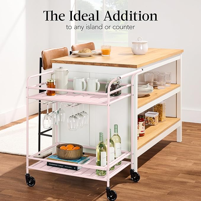 Best Choice Products Rolling Bar Cart, Mobile Home Bar Serving Cart, Serving Station w/ 2 Tier Shelves, Wine Rack, Lockable Wheels - Pink
