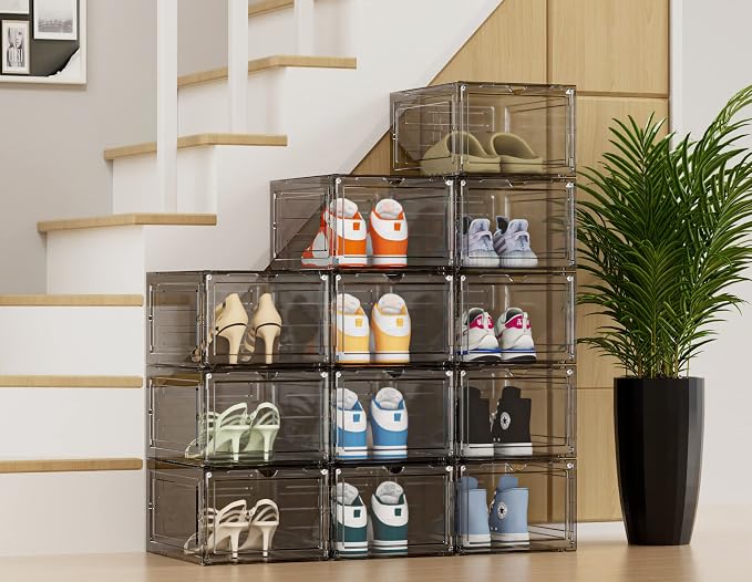 HOMIDEC Shoe Storage, 6 Pack Shoe Organizer Hard Plastic Shoe Box, Shoe Boxes Clear Plastic Stackable, Shoe Boxes with Lids for Size 13, Clear Smoke