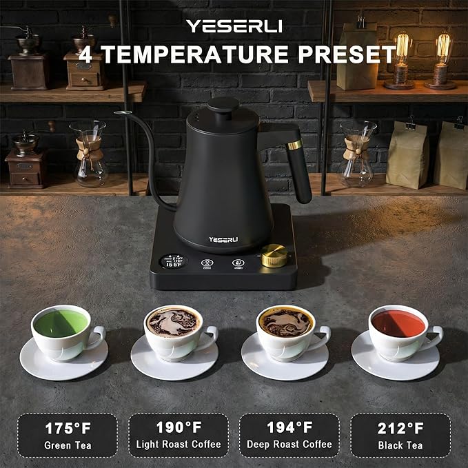 Expert Brew Electric Pour-Over Coffee Kettle, 1.0L Variable Temperature Water Heater (104-212°F) for Barista Brewing, 304 Stainless Steel Interior, Fast Boiling & 1200W Rapid Heat, Matte Black Finish