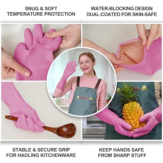 DABOGOSA Mamison 2 Pairs Reusable Waterproof Household Dishwashing Cleaning Rubber Gloves, Non-Slip Kitchen Glove (Pink, Small (Pack of 2))