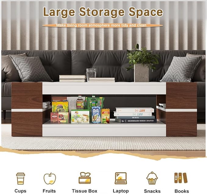 HedoAjim 47.2" Modern Stylish Coffee Table with Glass Table Top, Large Living Room Table Rectangular 2-Tier Center Tables with Storage, Wood Cocktail Tea Tables for Dining Reception Room White Walnut
