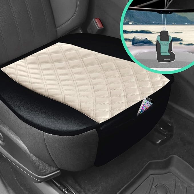 FH Group Faux Leather Front Set Car Seat Cushion Pads with Front Pocket – Universal Fit for Cars Trucks & SUVs (Beige/Black)