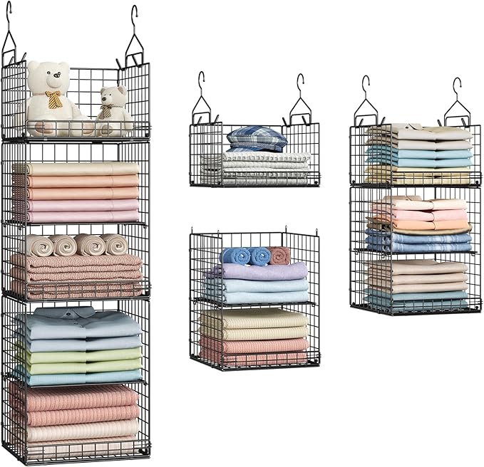 Yuyetuyo 5 Tier Closet Hanging Organizer and Storage Separable Hanging Closet Shelves with 4 Hooks 2 Adjustable Dividers, Wire Storage Basket Bins for Clothing Sweaters Socks Dolls Handbags, Foldable