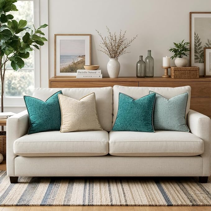 MIULEE Pack of 2 Couch Throw Pillow Covers 20x20 Inch Teal Farmhouse Decorative Pillow Covers with Stitched Edge Soft Chenille Solid Dyed Summer Pillow Covers for Sofa Bed Living Room