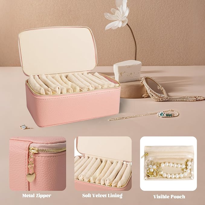 Travel Jewelry Case, Portable Jewelry Box with 6 Jewelry Bags,Travel Gift for Women Teen Girls (Pink 12 Pcs)