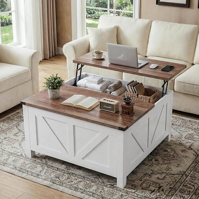 35” Farmhouse Coffee Table with Large Storage, Rustic Wood Lift Top Coffee Table for Living Room, Square Center Table with Charging Station&USB, Modern Port Pottery Barn Lift top Table
