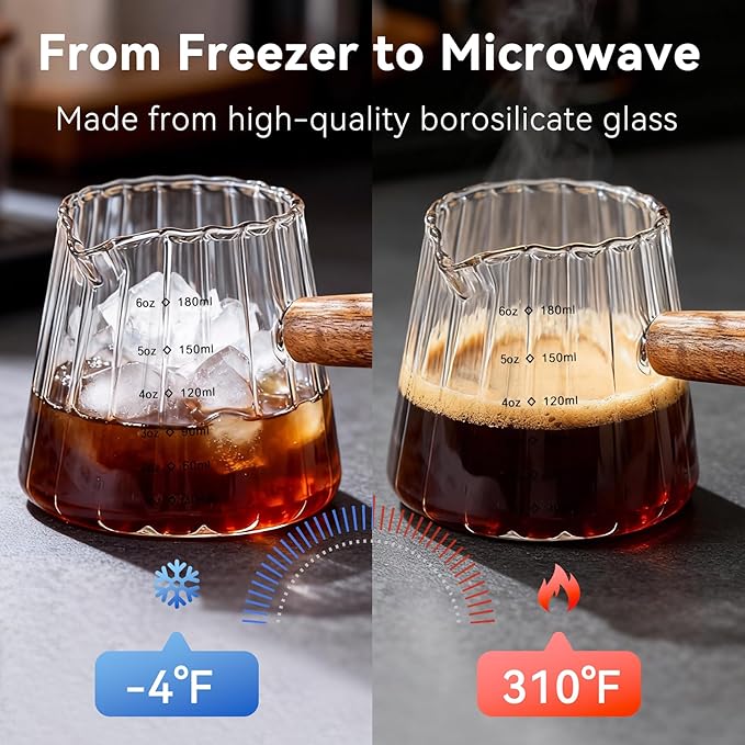 Glass Measuring Cup 6OZ, Espresso Accessories, Expresso Shots Cup, Espresso Shot Glass with V-Shaped Mouth, Ribbed Milk Frothing Pitcher, coffee Espresso Cup (Glass Handle)