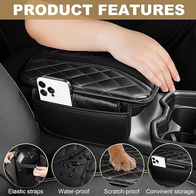 Center Console Cover Fit for RLX: Scratch and Wear Resistant Console Cover Leather with 2 Storage Bags -Upgraded Armrest Coverfor Car,Anti-Scratch Auto Armrest Pad Accessory （Black