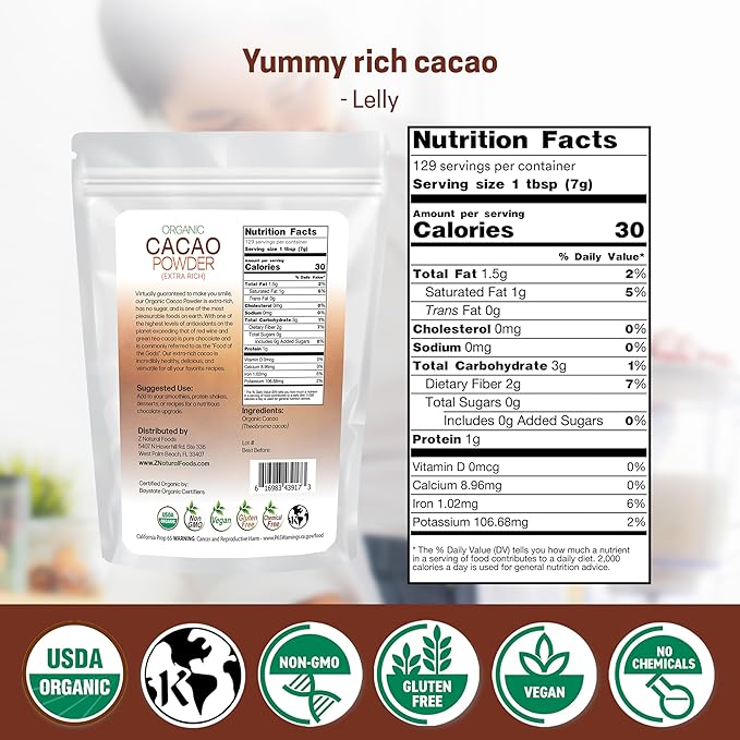 Z Natural Foods Organic Cacao Powder, Nutrition-Packed, Extra-Rich Dark Chocolate Flavor, Perfect for Chocolate Recipes, Shakes, or Smoothies, Non-GMO, Vegan, Gluten-Free, Kosher, 2 lbs