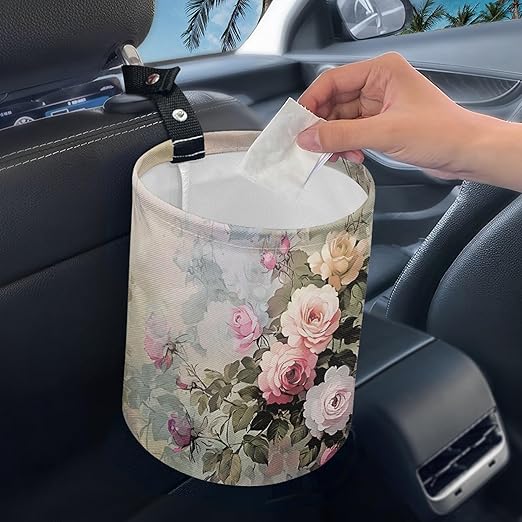 Car Trash Can with Hanging for Back Seat, Car Accessories for Women Men Automotive Garbage Cans Vehicle Trash Can for Truck SUVTradition Flower