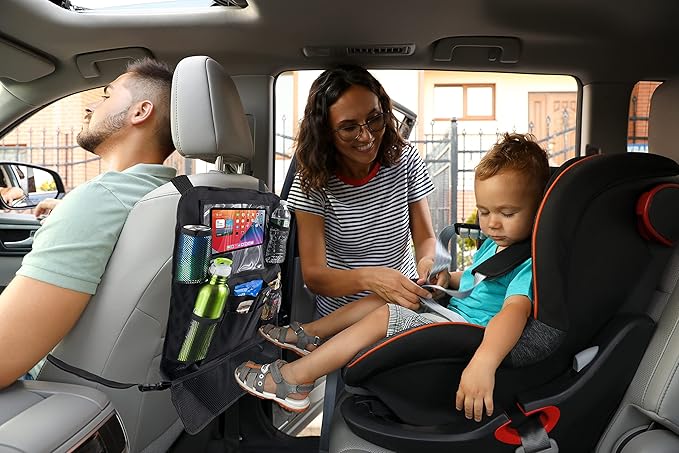 Trail maker 2 Pack Backseat Car Organizer, Kick Mats Back Seat Protector with Touch Screen Tablet Holder, Back Seat Organizer for Kids, Travel Accessories with 9 Storage Pockets