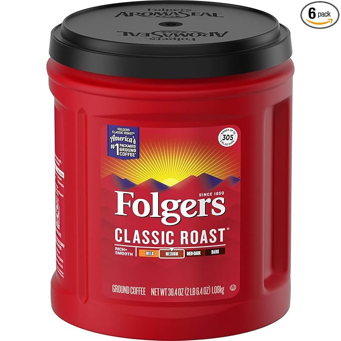 Folgers Classic Roast Medium Roast Ground Coffee, 38.4 Ounces (Pack of 6)