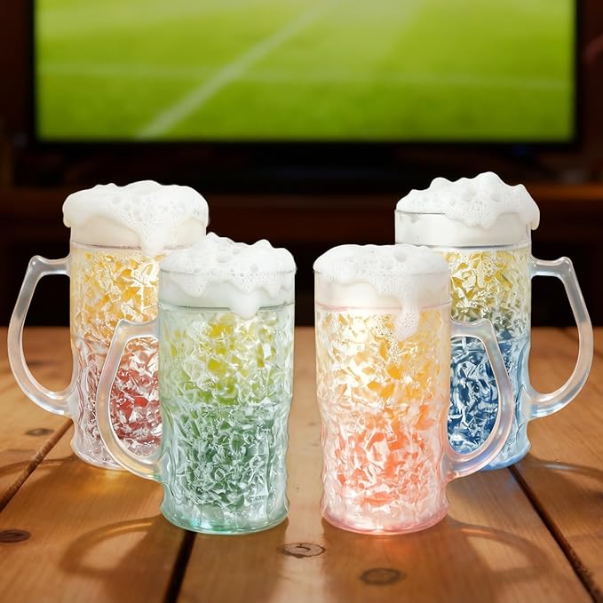 Lily's Home Insulated Double Wall Gel-Filled Acrylic Frosted Freezer Beer Glasses, Great for Enjoying Brews at BBQs and Parties, Clear with Assorted Color Bases (14 oz. Each, Set of 4) - Mug Shape