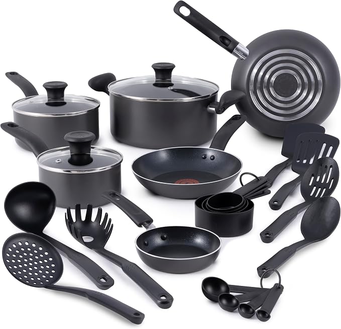 T-fal Initiatives Nonstick Cookware Set 18 Piece, Oven Broiler Safe 350F, Kitchen Cooking Set w/Fry Pans, Saucepans, Stockpots, Skillet, Spoons, Lids Pots and Pans Set, Dishwasher Safe, Stone Grey