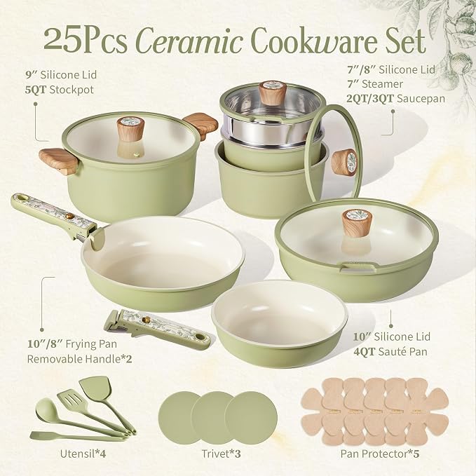 CAROTE 25-Piece Ceramic Cookware Set, Nonstick Pots and Pans Set with Detachable Handle, Non-Toxic Kitchen Cooking Set, Dishwasher & Oven Safe, Induction Compatible, PFAS Free