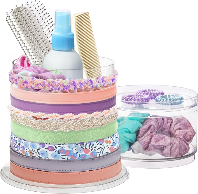 STORi Bella Stackable Clear Plastic Hair Accessory Organizer Set | Round Headband and Hairbrush Holder Stacks on The Storage Containers with Tray Lid | Made in USA