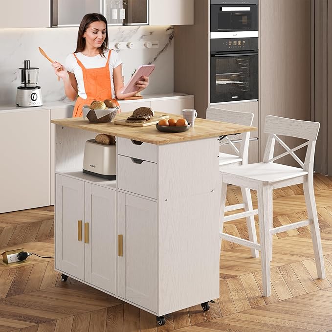 Rolling Mobile Kitchen Island Cart with Desktop Drop Leaf Countertop, Island Table Storage with 5 Wheels, Rolling Kitchen Cabinet with Power Socket (White, Model 2)