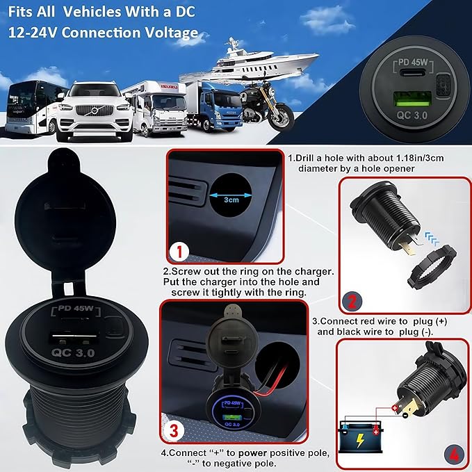 45W PD & 18W QC3.0 USB Laptop Car Charger Power Socket, Marine Type-C/USB C Port Fast Charging Adapter, 12V USB Power Outlet with ON/Off Switch Button Waterproof Cover for Boat RV Truck Golf (Blue)