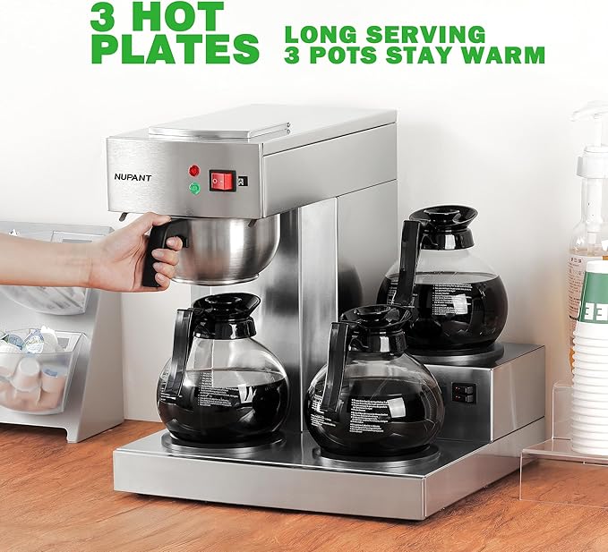 12 Cup Commercial Coffee Maker,Drip Coffee Maker Machine with 3 Warmers Plate and 3 Glass Decanters, Stainless Steel Pour Over Commercial Coffee Brewer for Restaurant, Office, Cafe Use