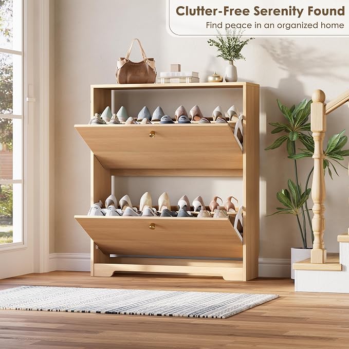 Nicetree Shoe Storage Cabinet with 2 Flip Drawers, Slim Shoe Cabinet, Hidden Shoe Rack Cabinet, Shoe Storage Cabinet for Entryway, Hallway, Foyer, Natural Oak