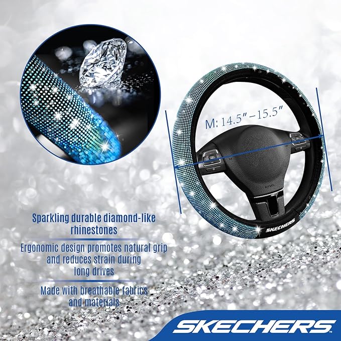 Skechers Women’s Bling Steering Wheel Cover, Velvet with Sparkly Crystal Rhinestones, Stylish Car Interior Gift, Universal Fit 14" 1/2-15" for Cars, SUVs, Trucks, Blue Diamond