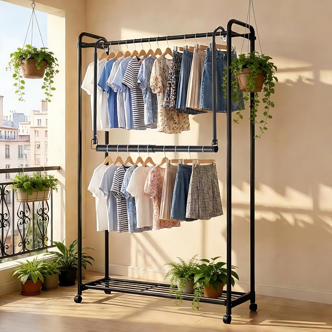 Stepless Extender Closet Hanging Rod - Heavy Duty Closet Rods for Hanging Clothes, Adjustable Width & Height, Space-Saving Matte Black Closet Organizer for Hanging & Drying, Easy to Install