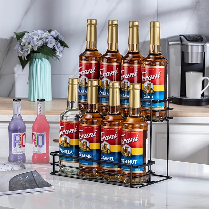 Rice rat Coffee Syrup Organizer Rack, (8 Bottle Capacity),2 Tier Coffee Syrup holder for Coffee Bar Accessories,Kitchen,Storage for Syrup, Wine, Dressing（Black）