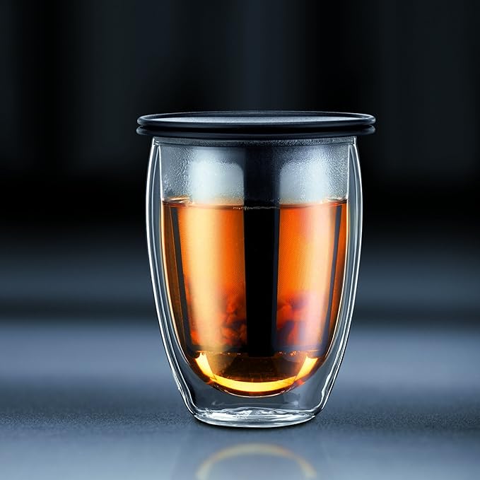 Bodum 12oz Tea Strainer w/Lid, Double Wall, High-Heat Borosilicate Glass, Set of 2, Black
