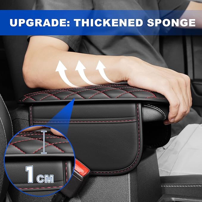 Center Console Cover Fit for Nissan Frontier 1998-2025 Leather Armrest Covers with 2 Storage Bags Car Armrest Storage Box Car(Black&Redline)