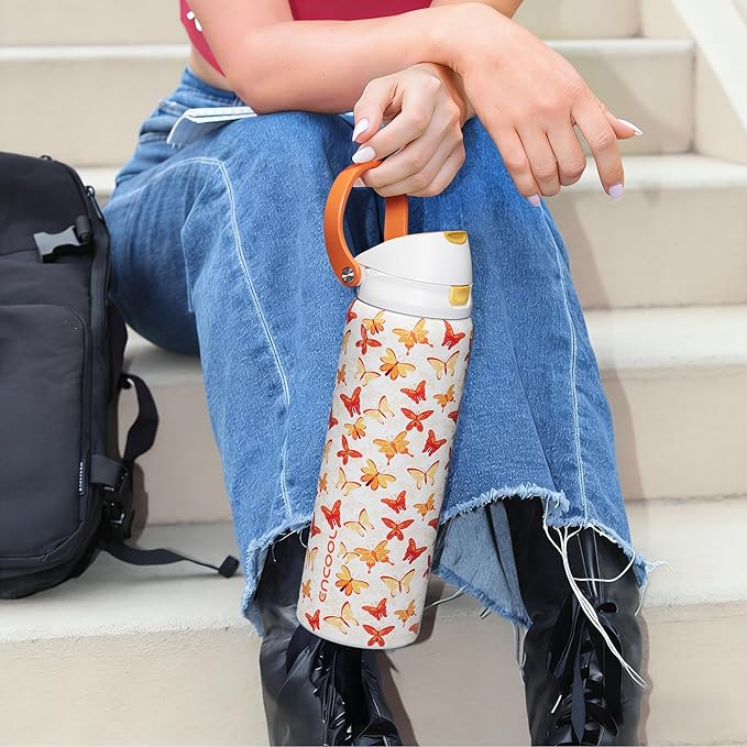 ENCOOL Leakproof Insulated Water Bottle with Straw Dual-Sip Water Bottle Bag-Safe Design for Work, Commute & Gym – Keeps Drinks Cold All Day, 24 oz, Sunset Butterflies