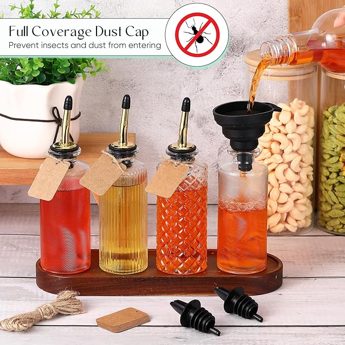 Baderke 12 Sets Coffee Syrup Dispenser Bottles Glass Syrup Dispenser Container with Pour Spout Dust Lids Labels Funnel Christmas Coffee Bar Accessories for Honey, Condiments, Olive Oil(Basic Style)