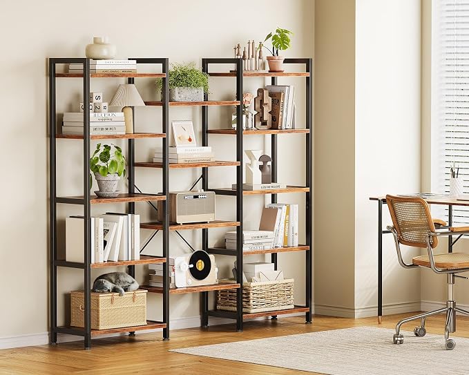 Casaottima Triple 5 Tier Bookshelf, Large Bookcase with 14 Open Display Shelves, Modern Industrial Book Shelves Book Case for Bedroom, Wide Standing Shelving Unit for Living Room Home Office, Vintage