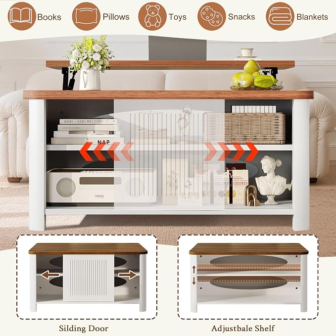 Decofy Lift Top Coffee Table with Storage Mid Century Modern Square Coffee Tables for Living Room, Large Hidden Storage Compartment, Adjustable Shelves & Sliding Door