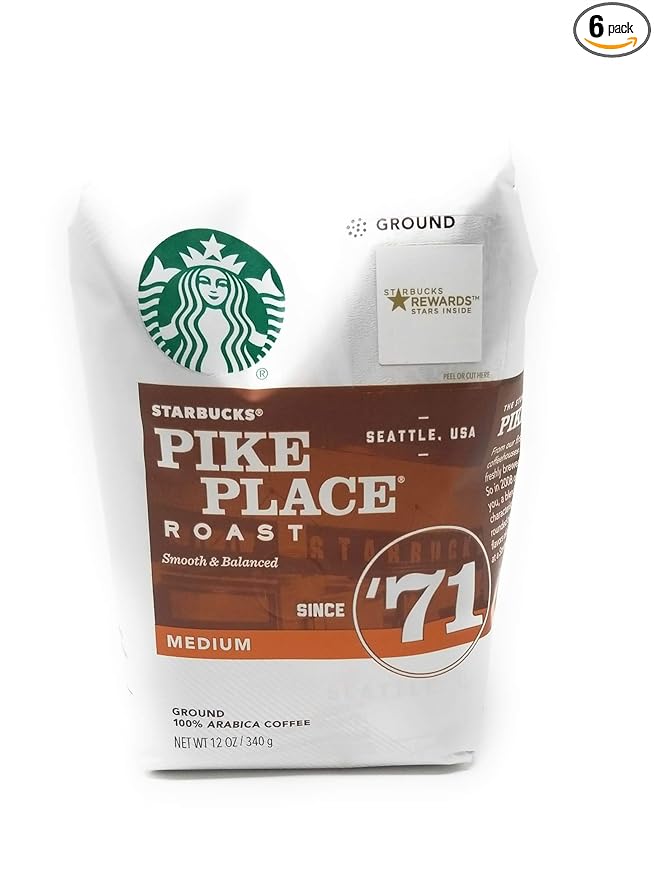 Starbucks Pike Place Roast Coffee Ground Medium Bags, 12 OZ (Pack of 6)