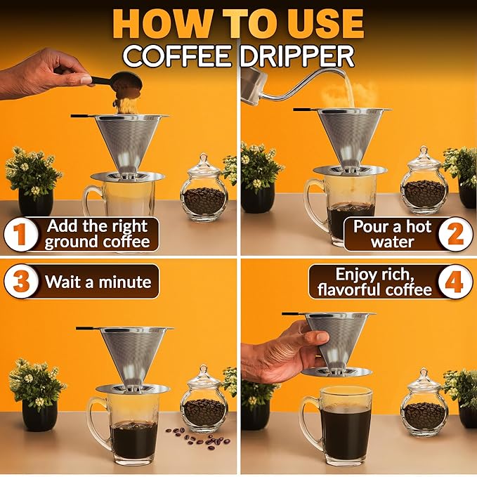 Pour Over Coffee Dripper - 3.18x4.48" Stainless Steel Pour Over Coffee Maker with Large Plastic Handle, Wide Secure Base and a Brush for Cleaning - Ensures Well-Balanced and Reach Tea Infuser