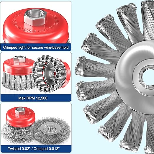 BURMONG 4 PCS Wire Wheel Brush for 4-1/2" Angle Grinder, Carbon Steel Knotted & Crimped Cup/Wheel Brushes (3" & 4"), Heavy Duty Rust, Paint, Corrosion Removal, 5/8"-11 UNC Threaded Arbor