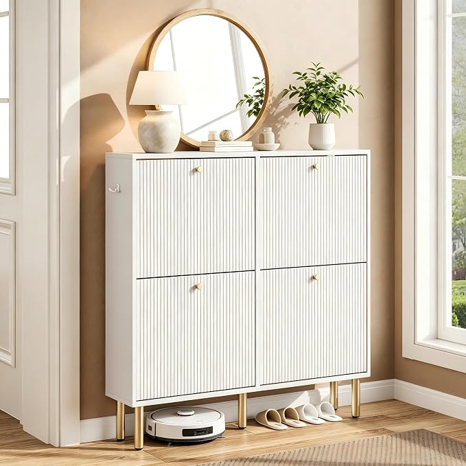 Nicetree Shoe Storage Cabinet for Entryway - 4 Flip Drawers Shoe Cabinet with Tiered Fluted Design - Slim Shoe Storage Rack with Gold Legs - Narrow Shoe Cabinet Hidden Shoe Organizer for Small Spaces